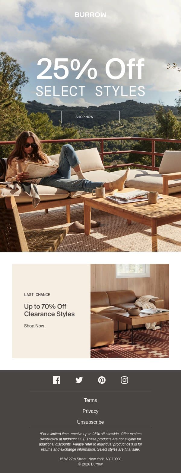 FLASH SALE: 25% off select styles email from Burrow screenshot