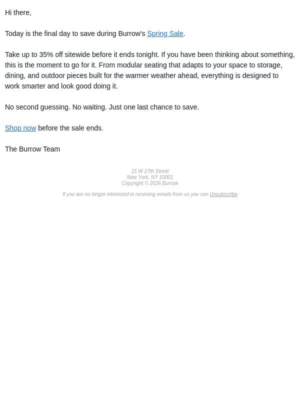 FINAL DAY to save during the Spring Sale email from Burrow screenshot