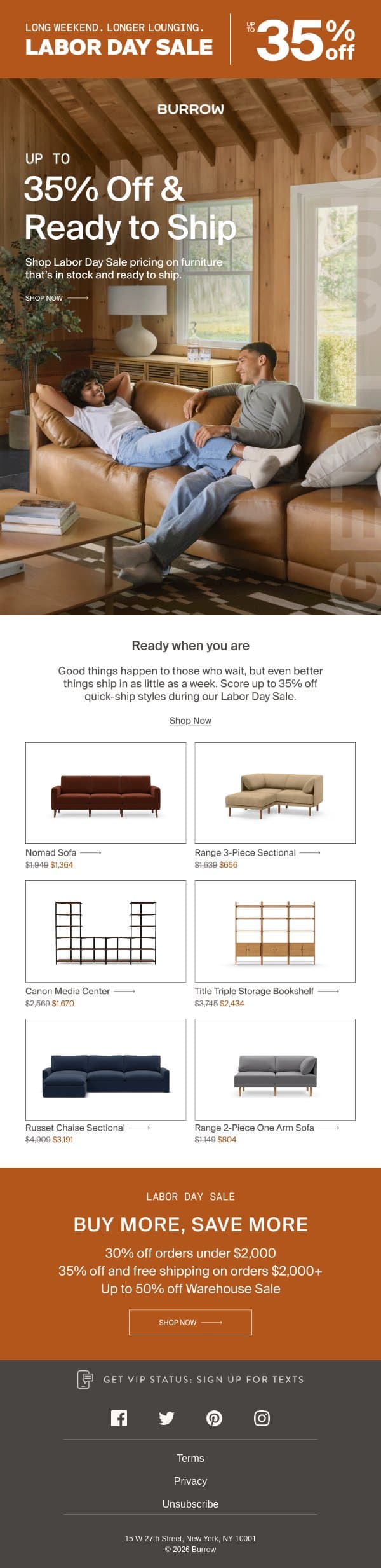In stock. On sale. Ready to ship. email from Burrow screenshot