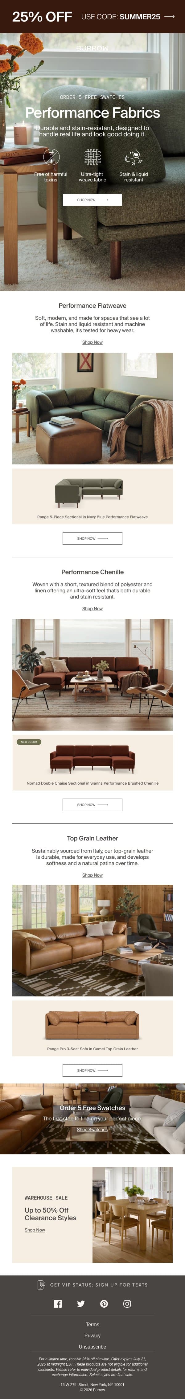 5 swatches on us email from Burrow screenshot