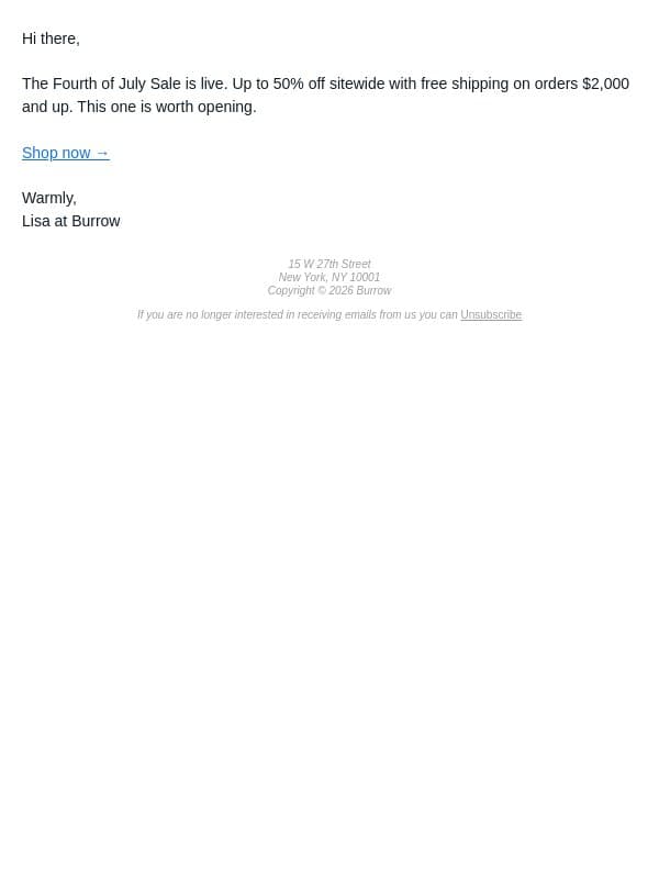 In case you missed it. Up to 50% off. email from Burrow screenshot