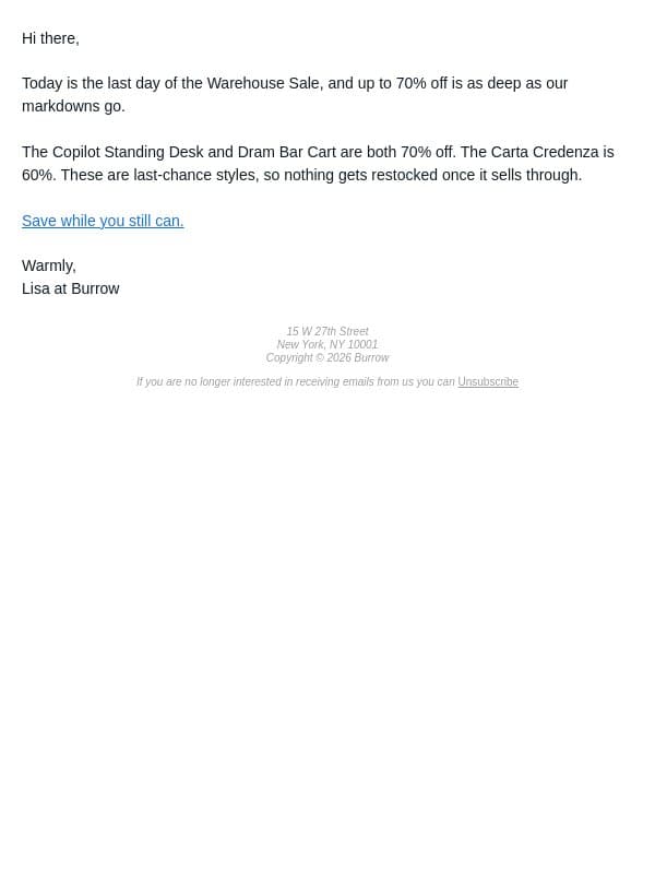 This is it for the Warehouse Sale email from Burrow screenshot