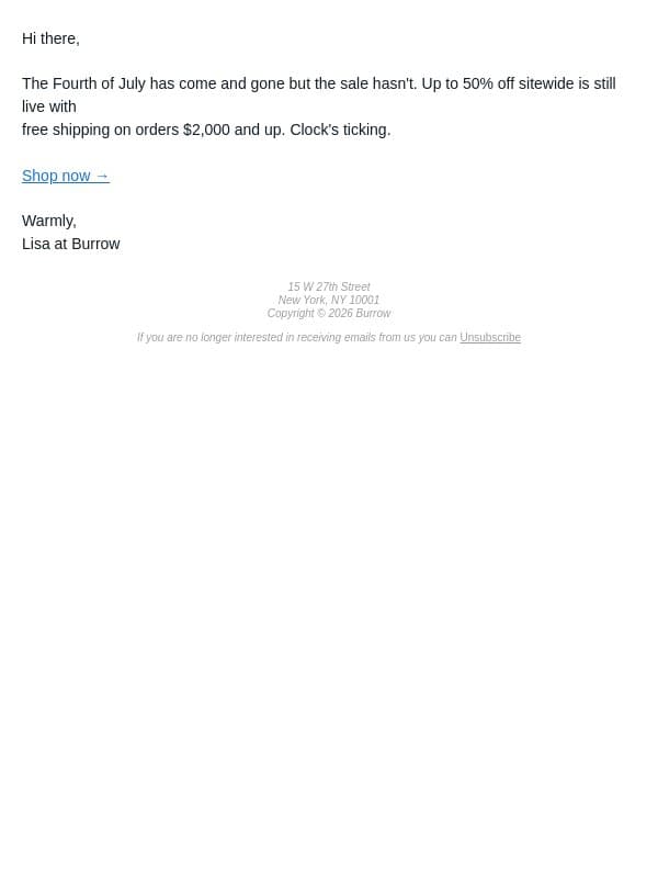 The holiday's over. The savings aren't. email from Burrow screenshot