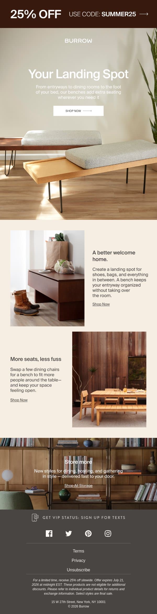 The bench that works anywhere. Now 25% off. email from Burrow screenshot