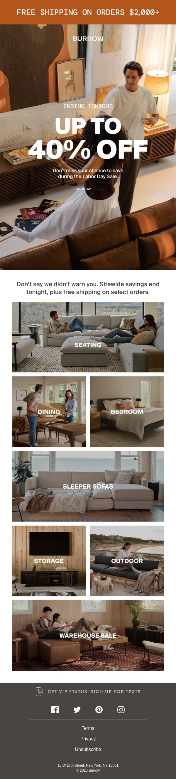 ENDING TONIGHT: UP TO 40% OFF 🚨 email from Burrow screenshot