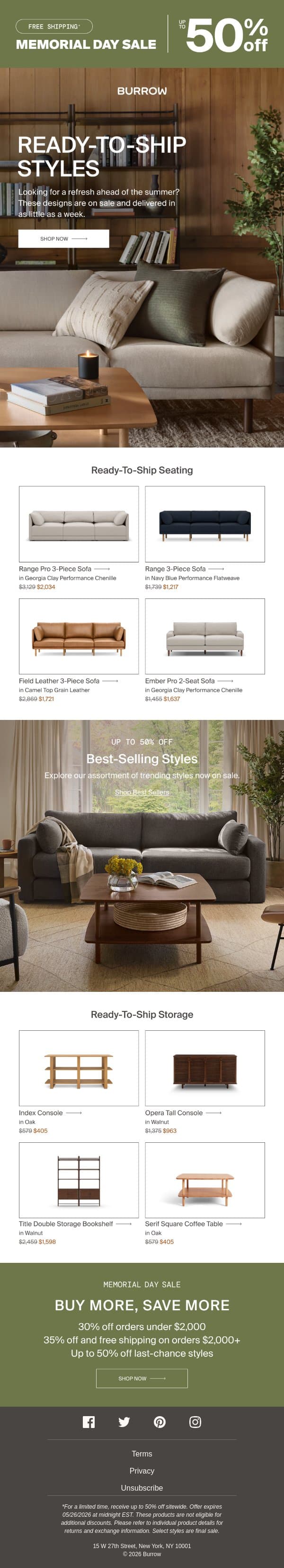 Up to 50% off and delivered in as little as a week email from Burrow screenshot