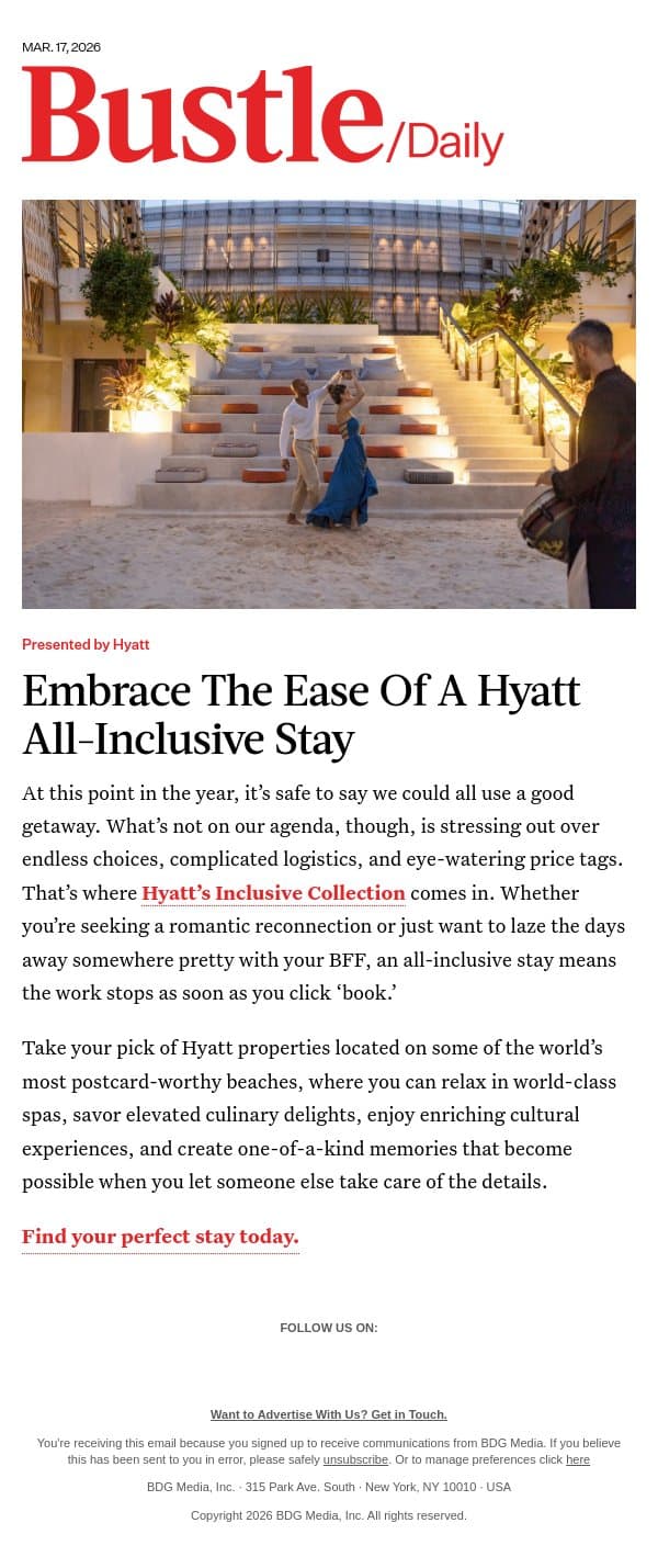 Make Your Dream Vacation A Reality email from Bustle screenshot