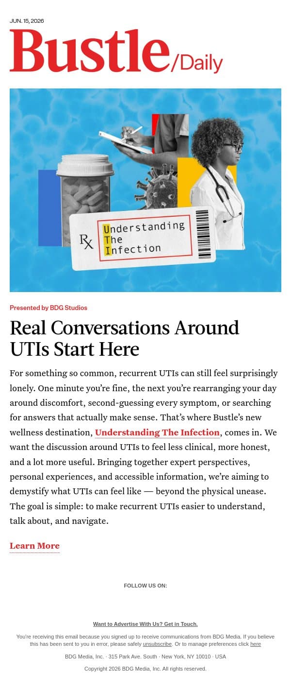 Recurring UTIs? You’re Not Alone email from Bustle screenshot