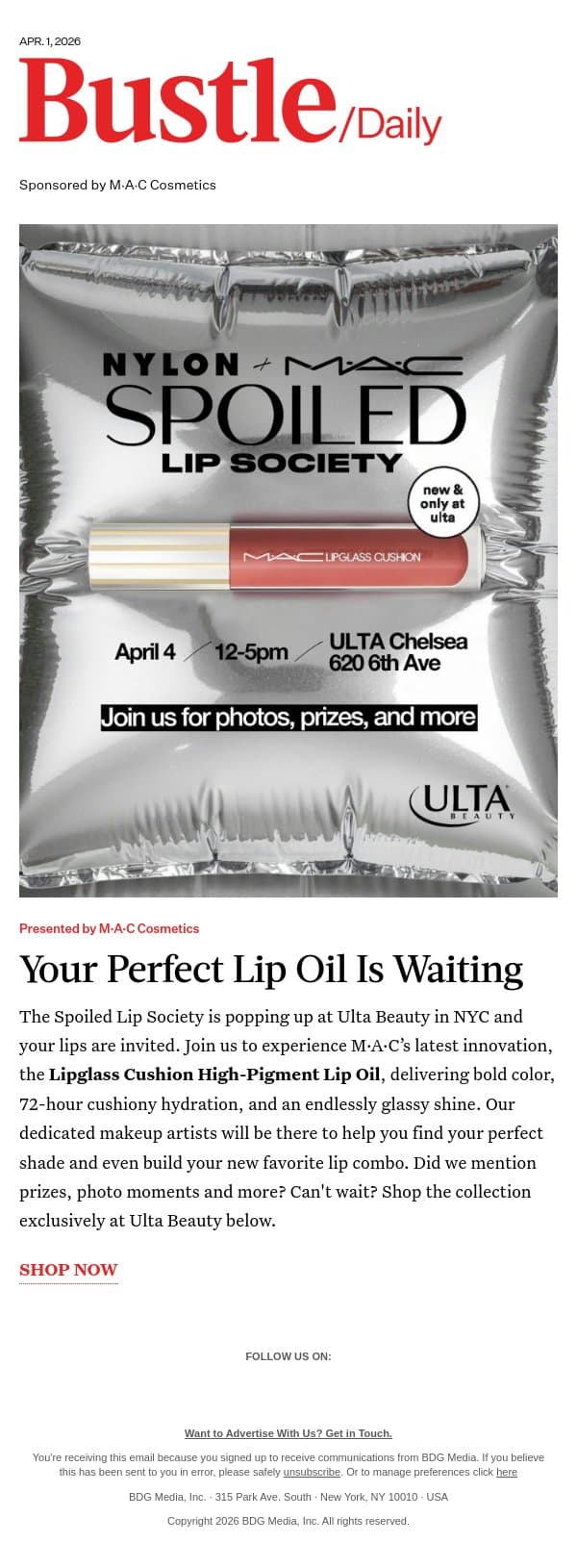 INVITE: Join Us At The M·A·C Pop-Up At Ulta Beauty This Weekend email from Bustle screenshot