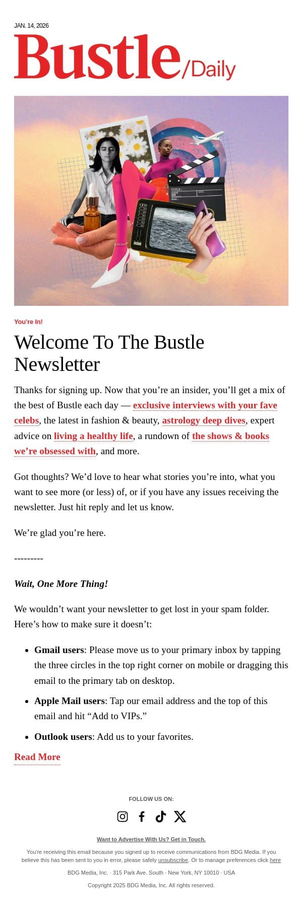 Welcome to Bustle email from Bustle screenshot