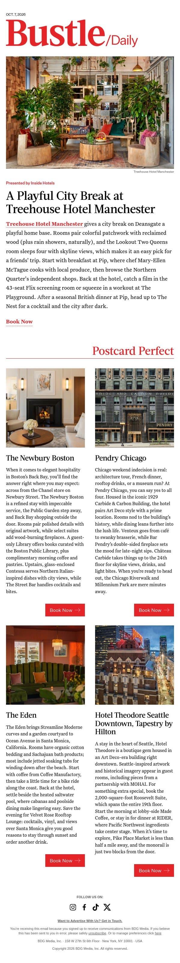Five Cities, Five Standout Stays email from Bustle screenshot