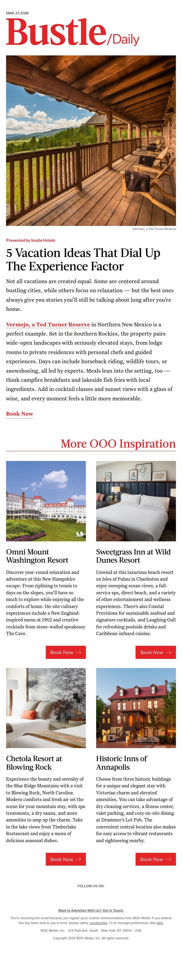 5 Vacation Ideas That Dial Up The Experience Factor email from Bustle screenshot
