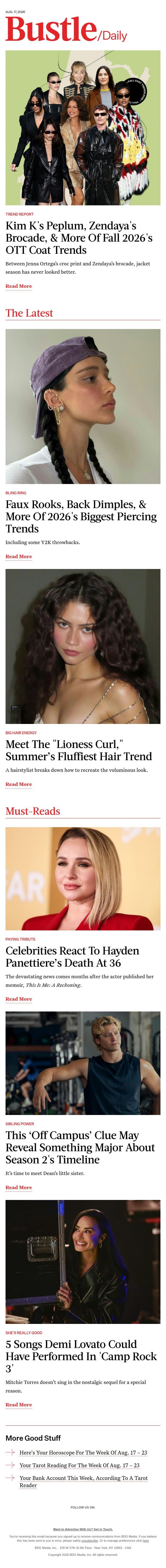Faux Rooks, Back Dimples, & More Of 2026's Biggest Piercing Trends email from Bustle screenshot