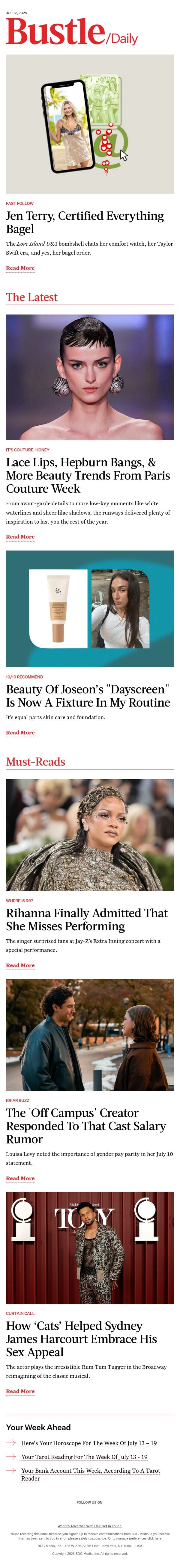 Lace Lips, Hepburn Bangs, & More Beauty Trends From Paris Couture Week email from Bustle screenshot