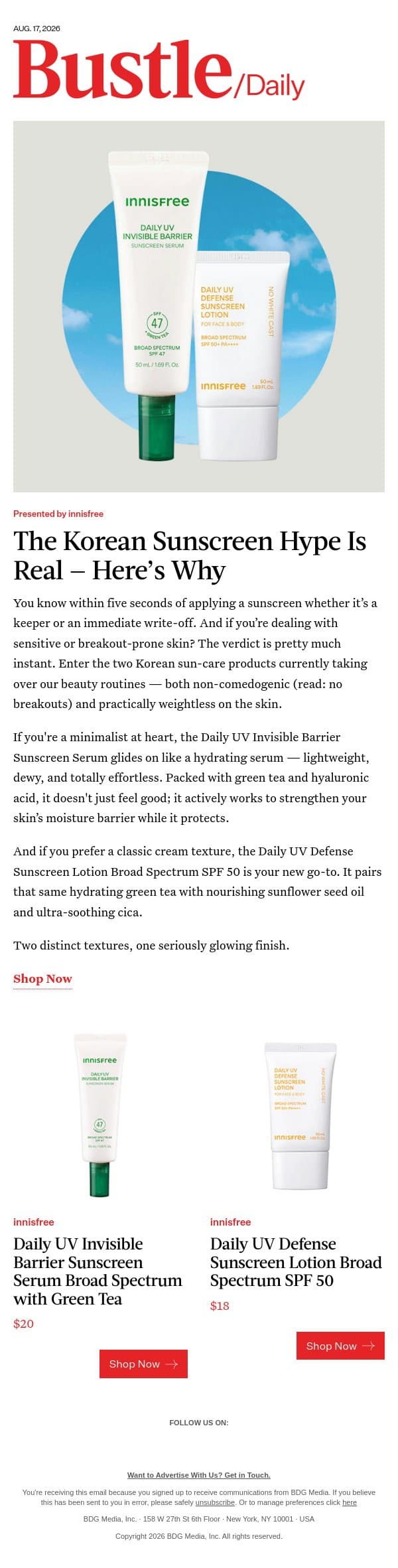 These Sunscreens Are Breakout Friendly email from Bustle screenshot