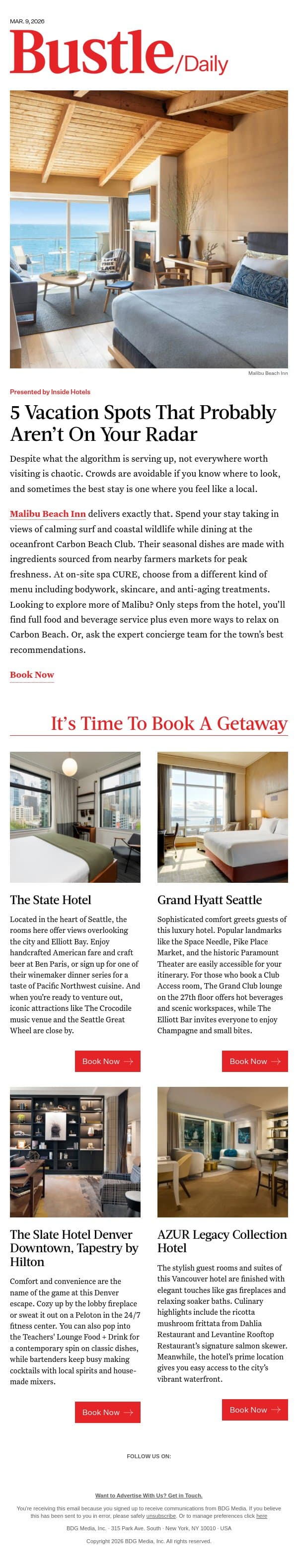 Low-Key Travel Ideas Worth Booking ASAP email from Bustle screenshot