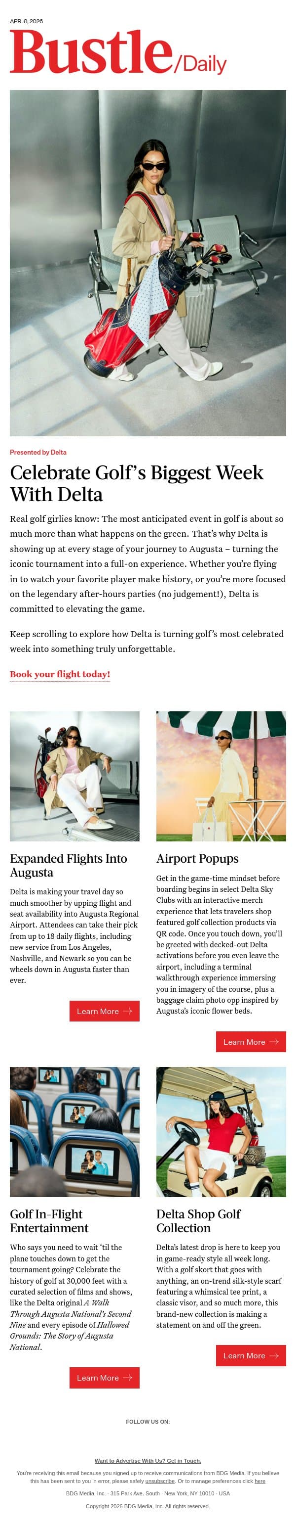 Wheels Down, Tee Up email from Bustle screenshot