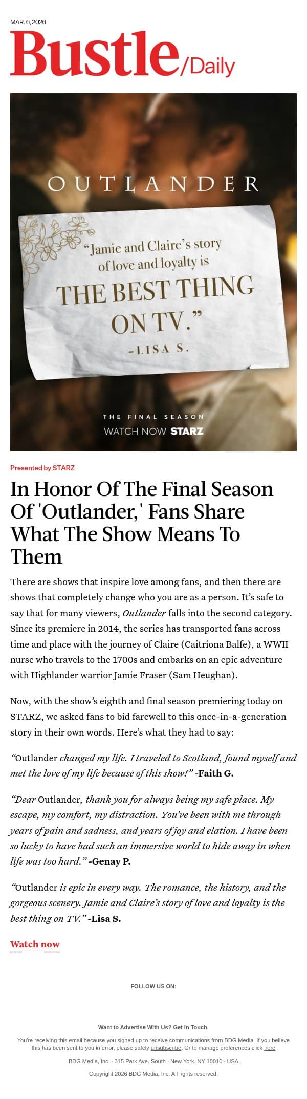 Calling All 'Outlander' Lovers email from Bustle screenshot
