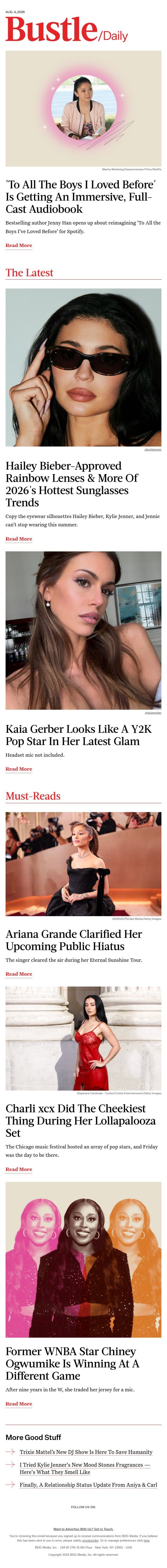 Hailey Bieber-Approved Rainbow Lenses & More Of 2026's Hottest Sunglasses Trends email from Bustle screenshot