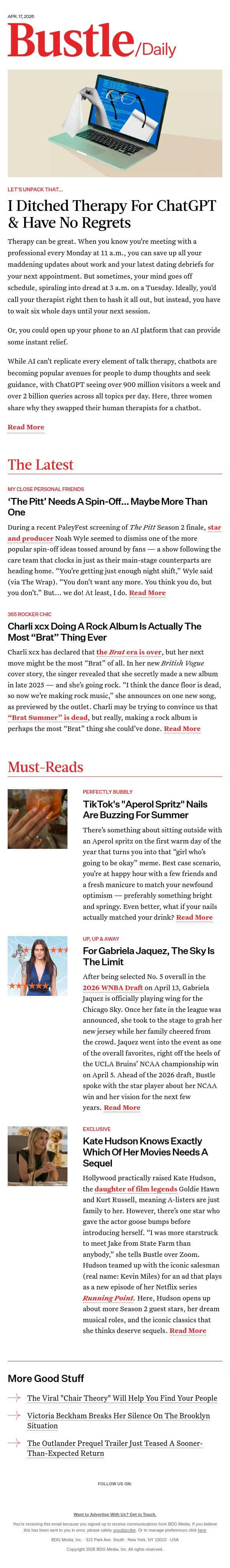 I Ditched Therapy For ChatGPT & Have No Regrets email from Bustle screenshot