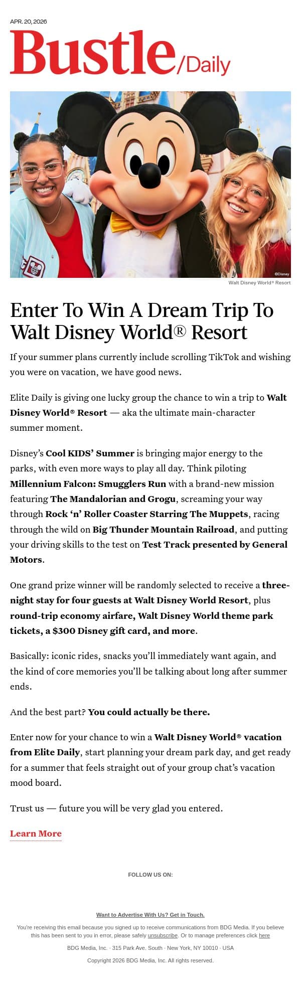 Enter To Win A Dream Trip To Walt Disney World® Resort email from Bustle screenshot