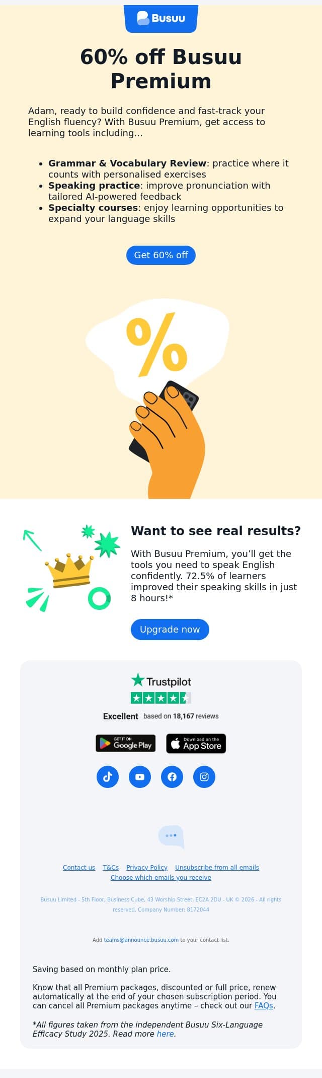 Say hello to improved English ✨ email from Busuu screenshot