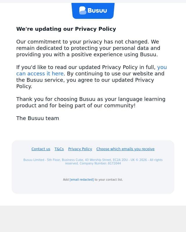 We're updating our Privacy Policy email from Busuu screenshot