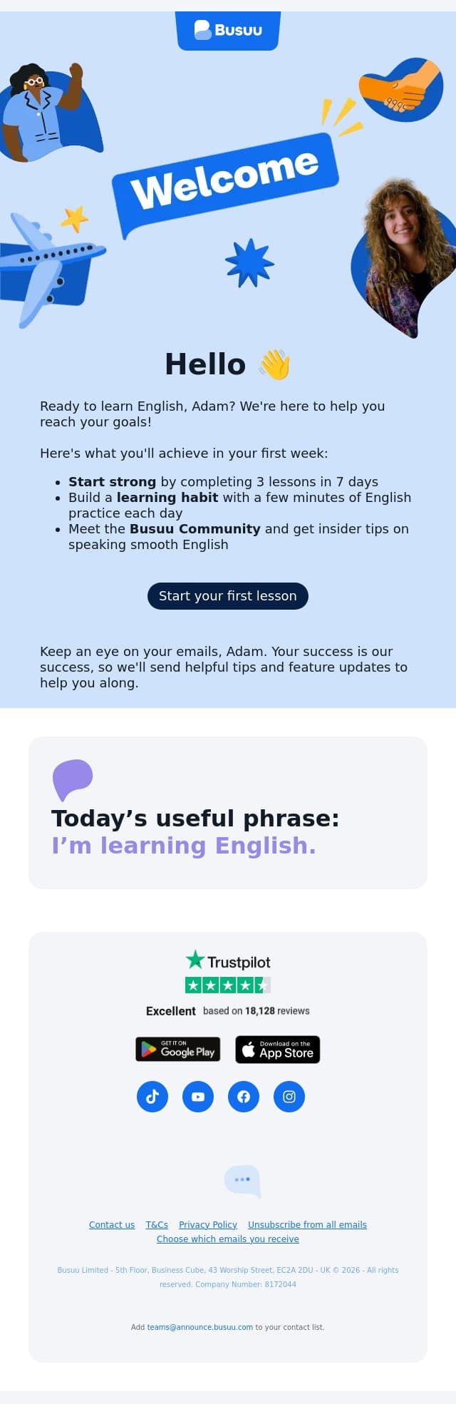 Your English journey begins here 🥳 email from Busuu screenshot
