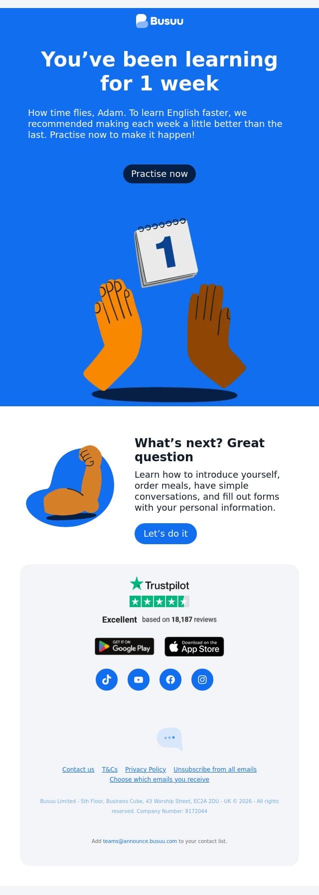 One week of English done! email from Busuu screenshot