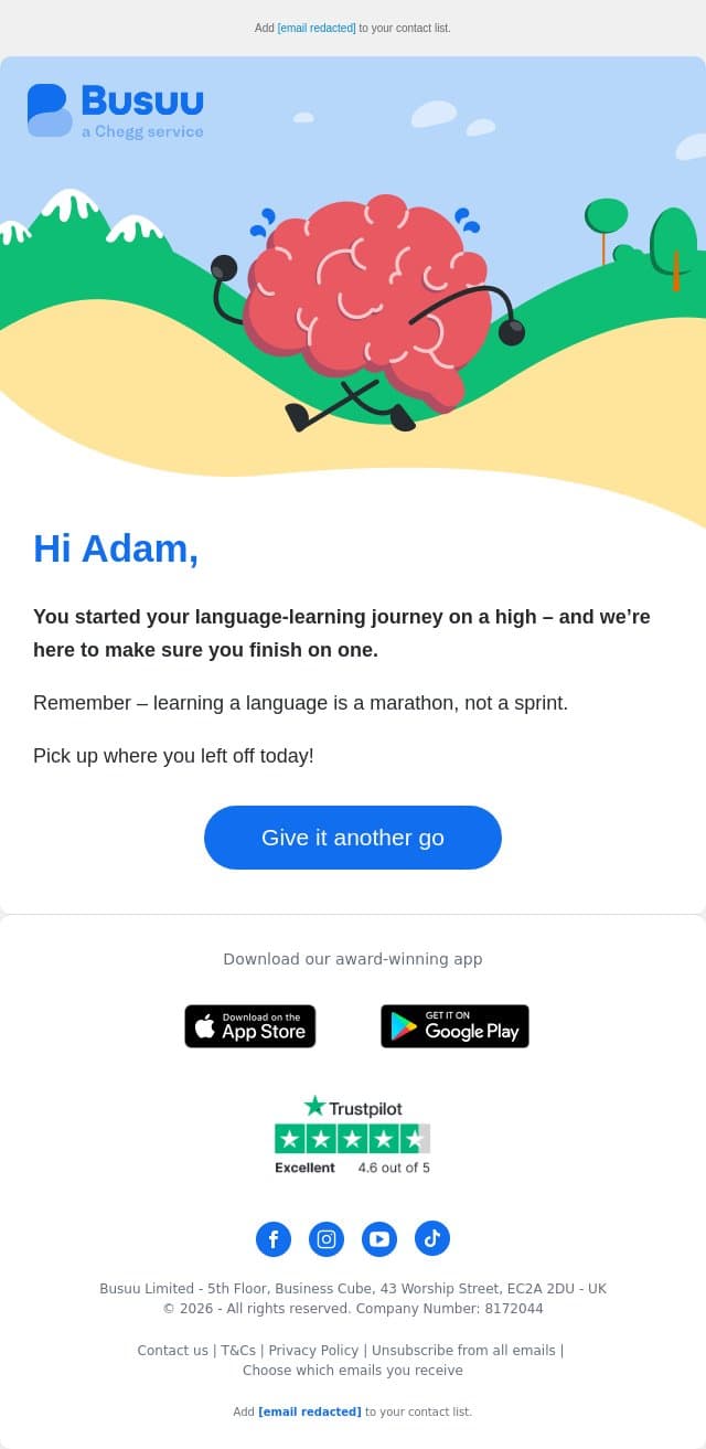 Adam, we’ve not seen you in a while 😢 email from Busuu screenshot