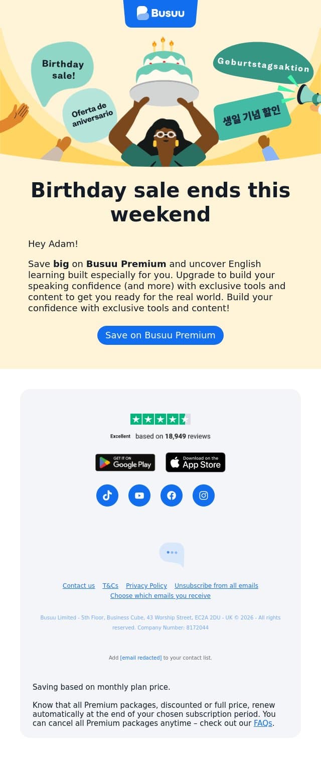 Birthday sale ends this weekend 🎂 email from Busuu screenshot