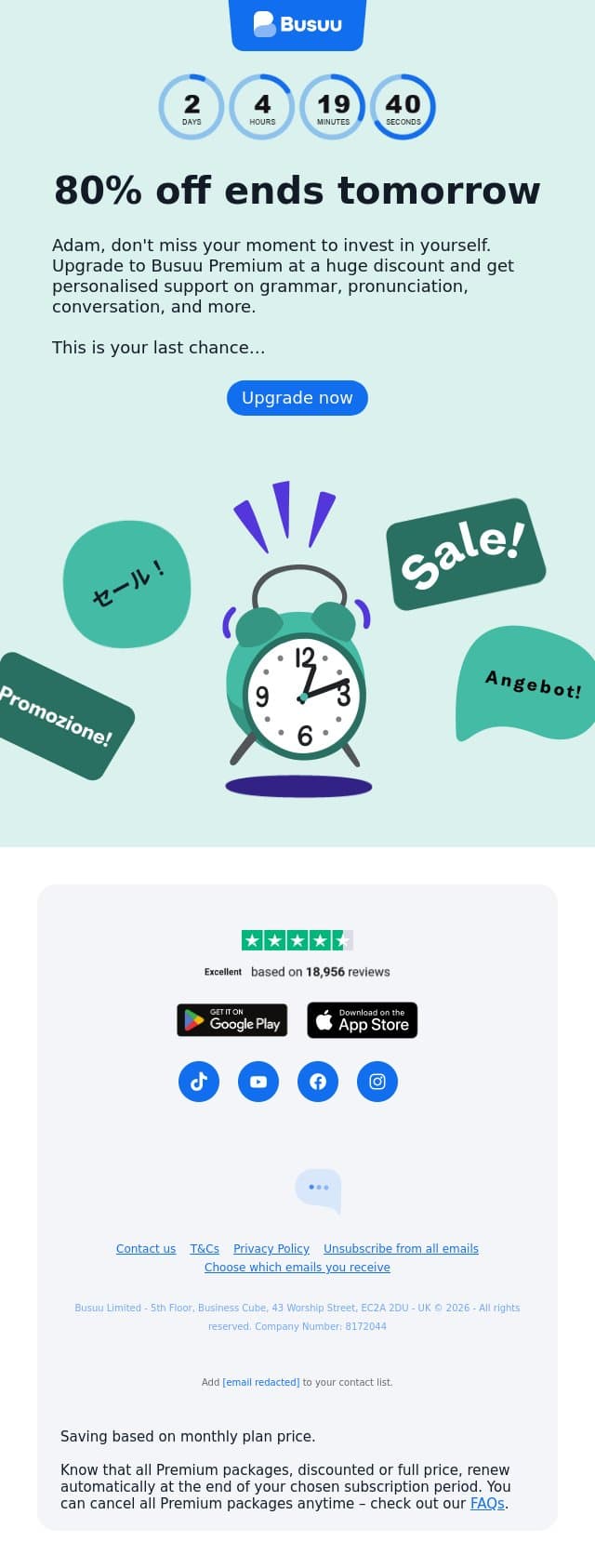 Offer ends tomorrow! Don't wait! 📣 email from Busuu screenshot