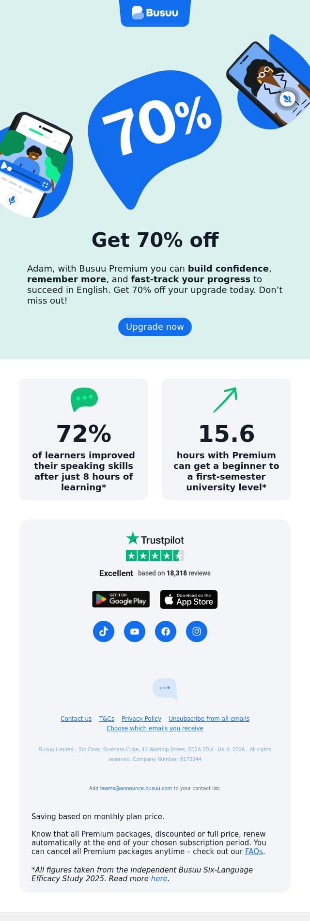 Upgrade now and save 70% 📈 email from Busuu screenshot