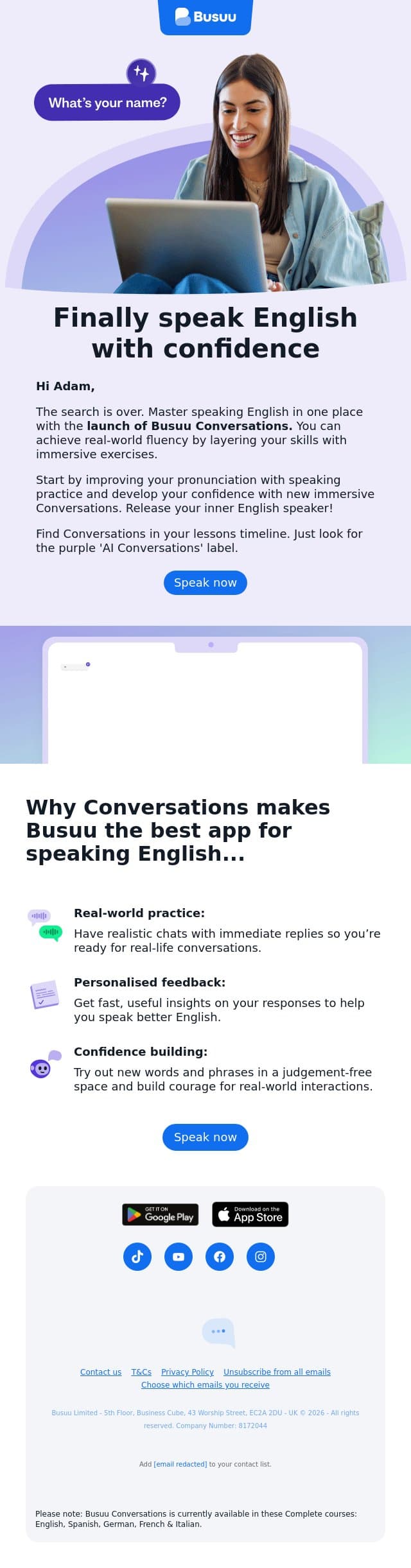 Conversations has landed on web 🎉 email from Busuu screenshot