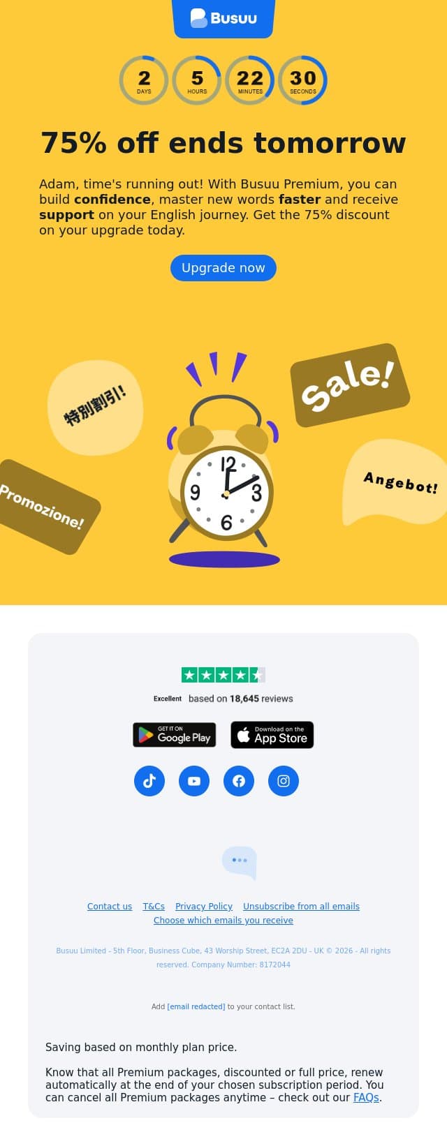 24 hours left on the clock! Grab 75% off ⏳ email from Busuu screenshot