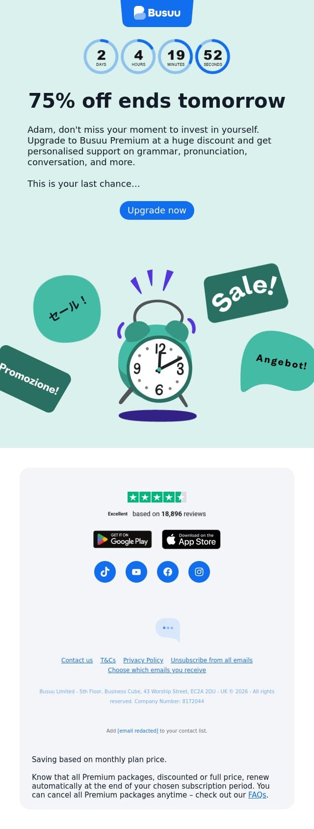 Get 75% off while you still can! 🎉 email from Busuu screenshot