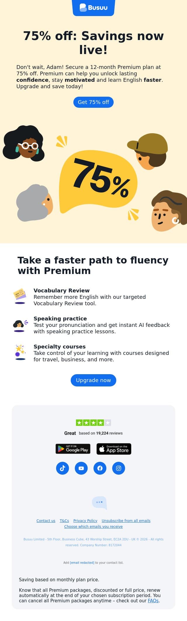 Get 75% off Busuu Premium for a limited time! email from Busuu screenshot