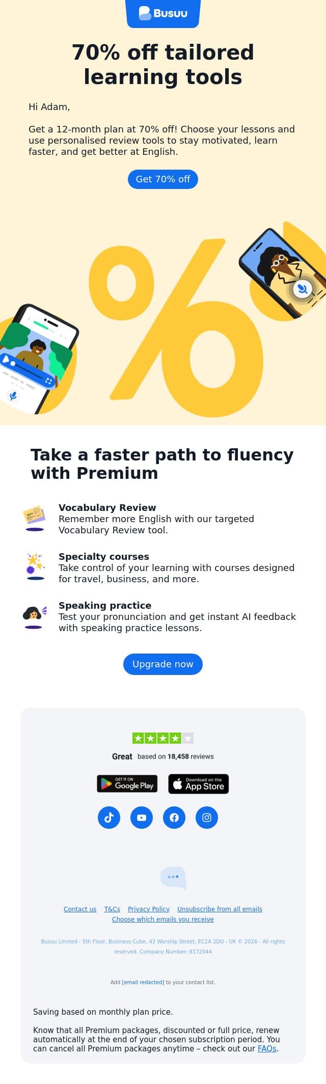 70% off Busuu Premium 💥 email from Busuu screenshot