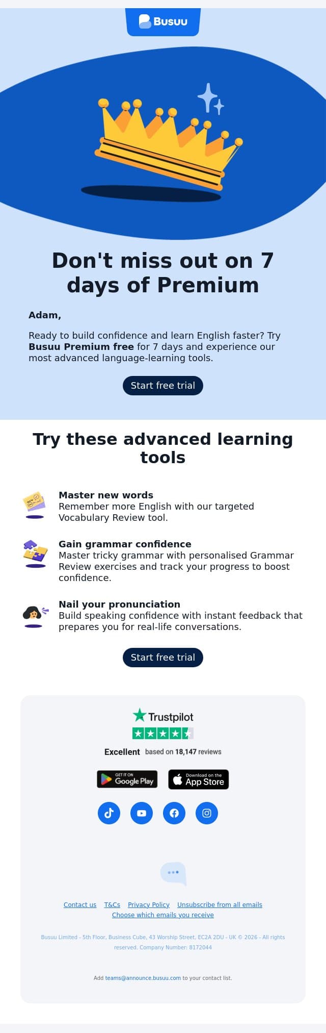 Don't miss out on 7 days of Premium email from Busuu screenshot
