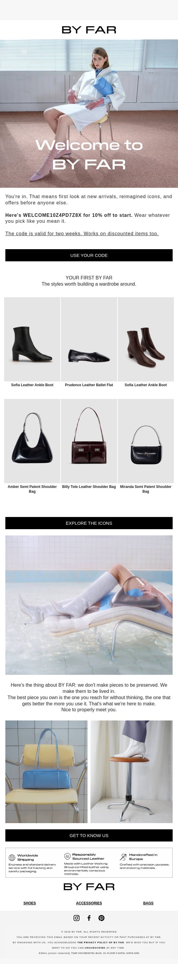 Welcome. We Don't Do Boring. email from By Far screenshot