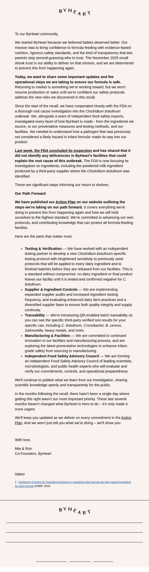 Update on our Action Plan & Path Forward. email from ByHeart screenshot