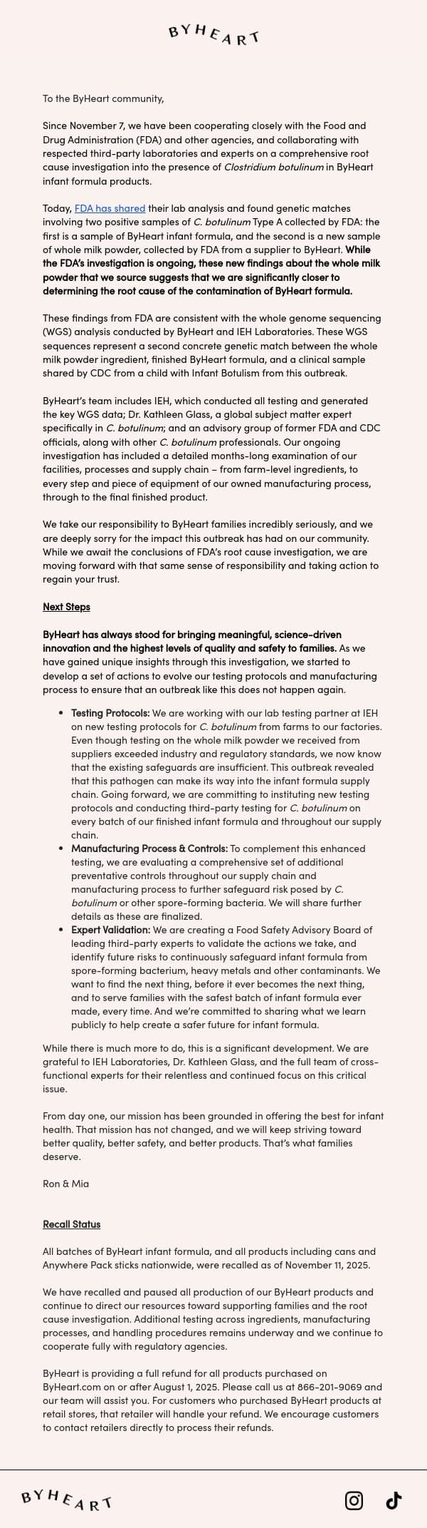 Important Update on Root Cause Investigation email from ByHeart screenshot