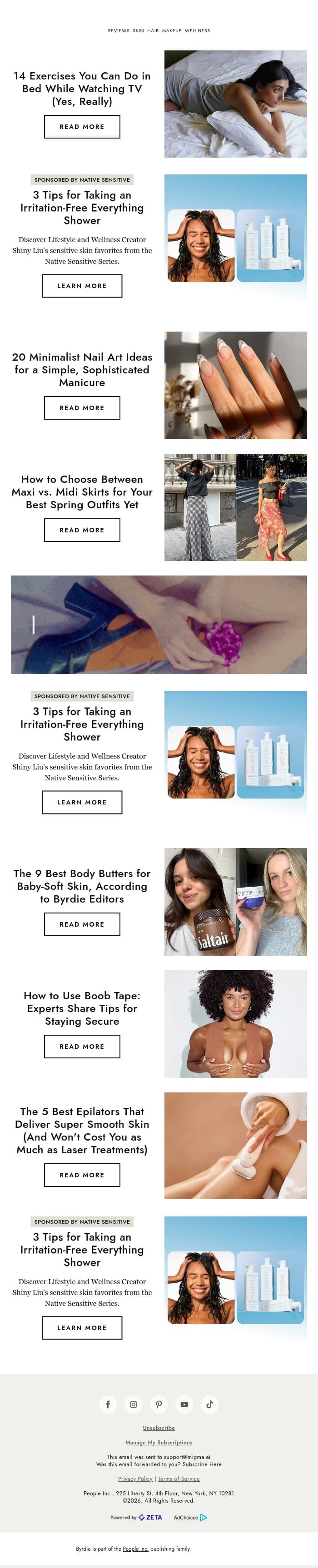 14 exercises you can do in bed while watching TV 📺 email from Byrdie screenshot
