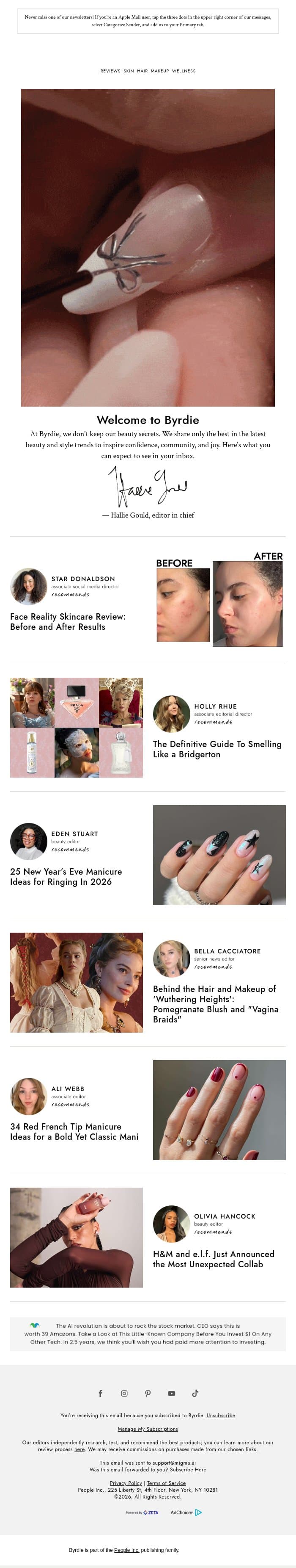 Welcome to Byrdie email from Byrdie screenshot