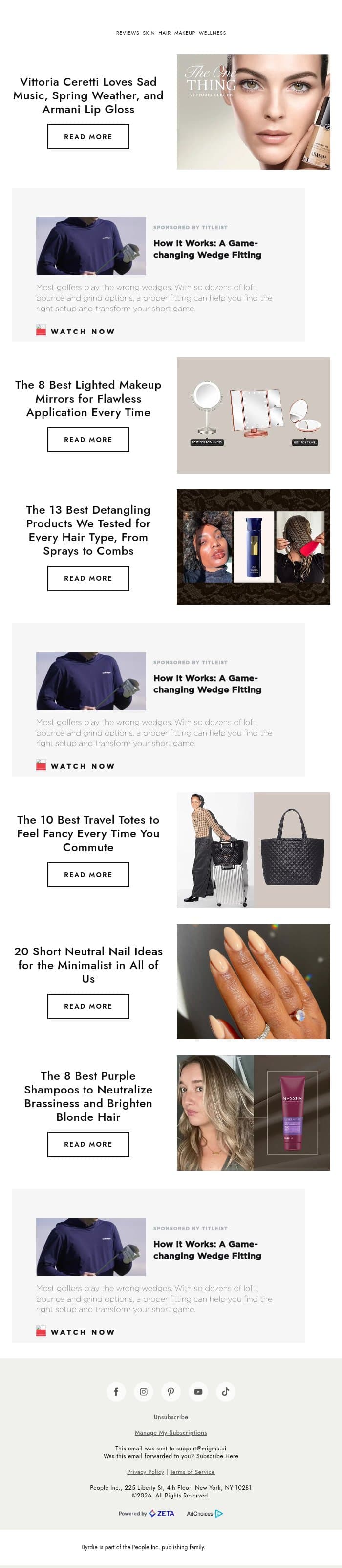 Vittoria Ceretti loves sad music, spring weather, and Armani lip gloss email from Byrdie screenshot