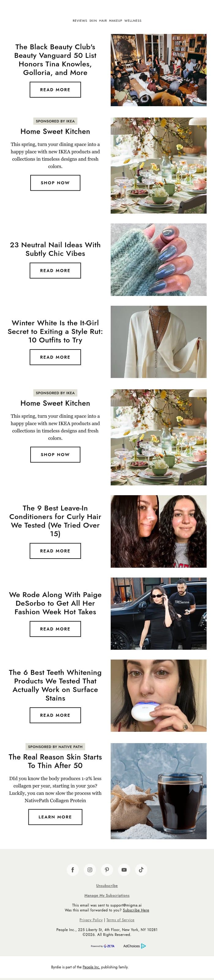 The Black Beauty Club's Beauty Vanguard 50 list honors Tina Knowles, Golloria, and more email from Byrdie screenshot