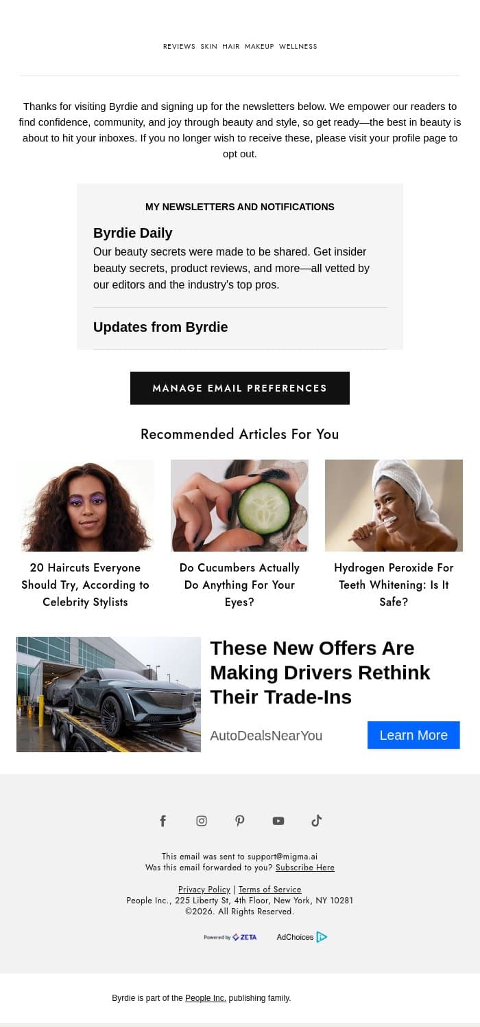 Confirmed! You're In email from Byrdie screenshot