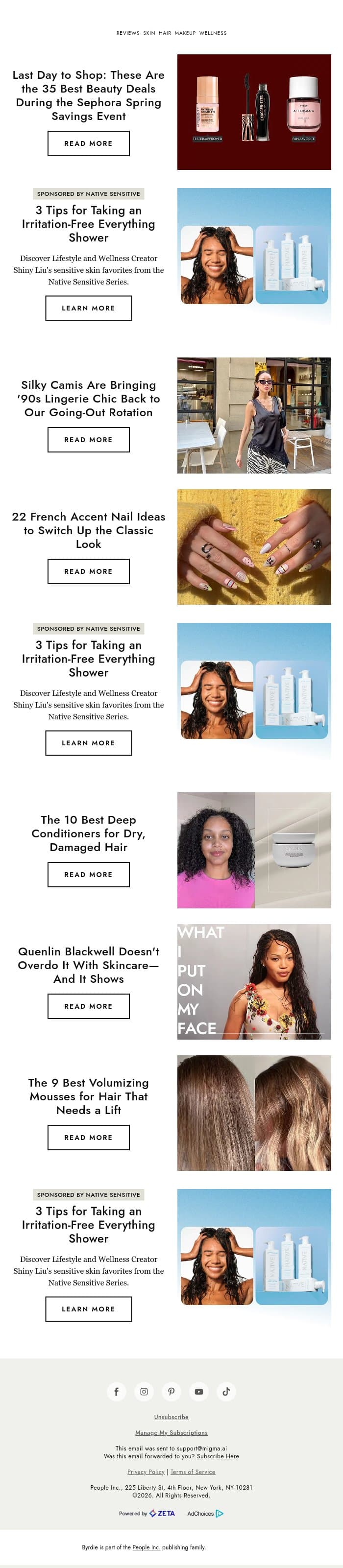Today is the last day to shop the Sephora Spring Savings event email from Byrdie screenshot