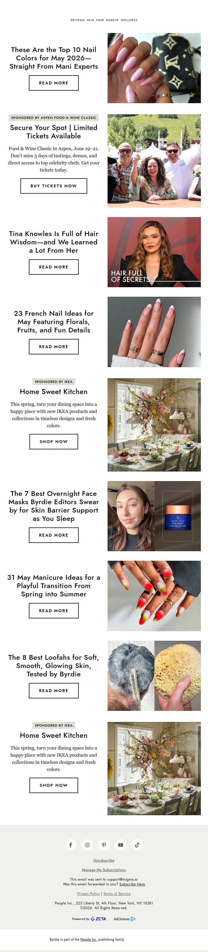 These are the top 10 nail colors for May 2026 email from Byrdie screenshot