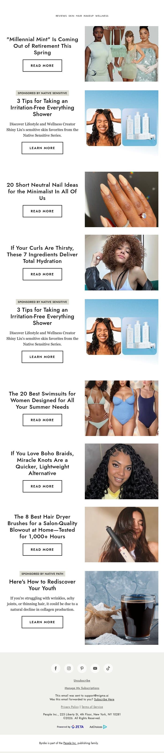 "Millennial mint" is coming out of retirement this spring email from Byrdie screenshot